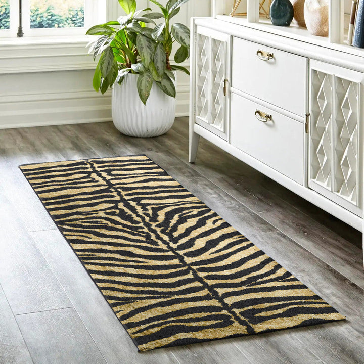 3 X 8 Black and Gold Animal Print Shag Handmade Non Skid Runner Rug Image 6