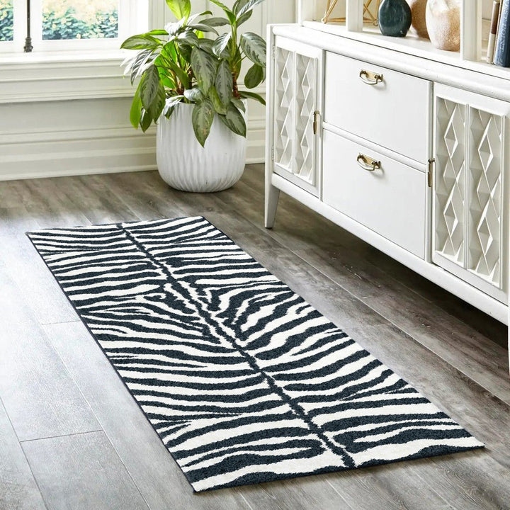 3 X 8 Black and White Zebra Print Shag Handmade Non Skid Runner Rug Image 6