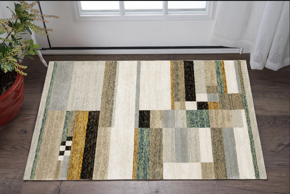 3 X 5 Beige Gold Black Grey Tan Teal and Rust Geometric Power Loom Area Rug Image 1