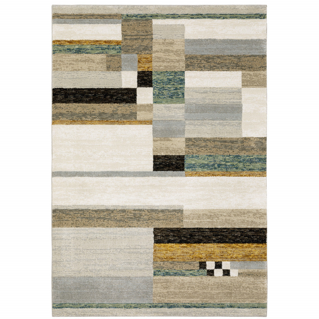 3 X 5 Beige Gold Black Grey Tan Teal and Rust Geometric Power Loom Area Rug Image 2