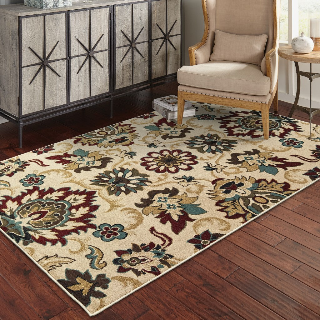 3X5 Ivory And Red Floral Vines Area Rug Image 6