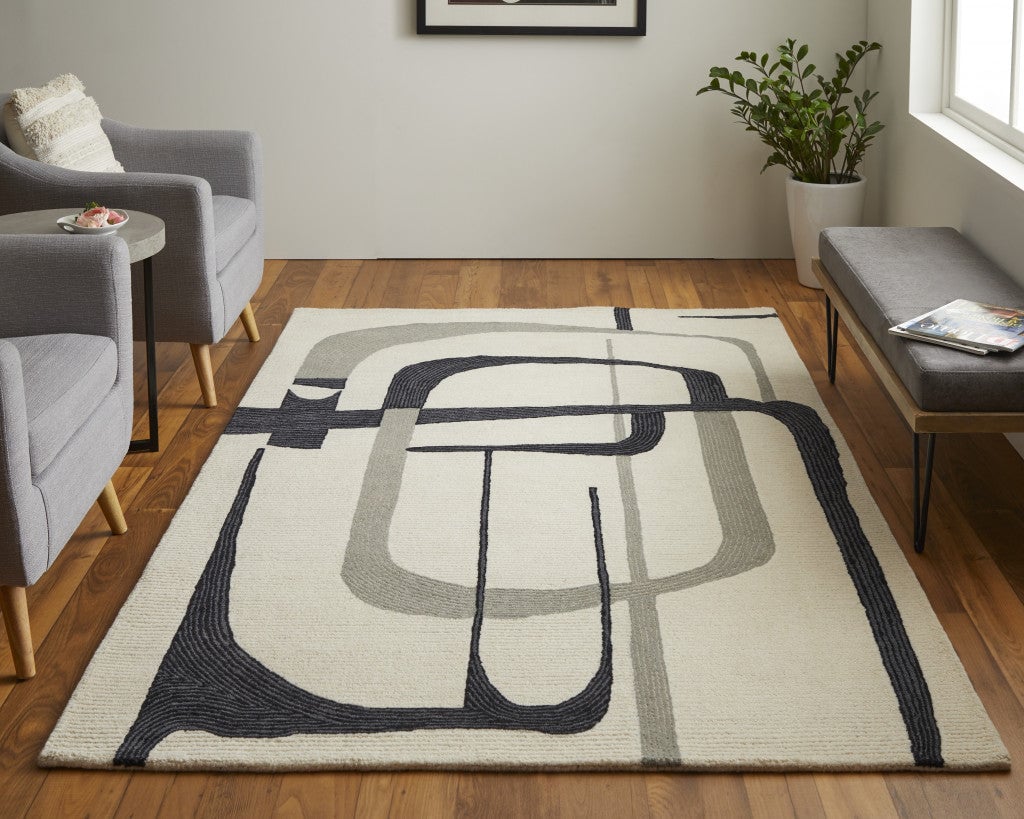 5 x 8 Gray and Ivory Wool Abstract Hand Tufted Area Rug Image 2