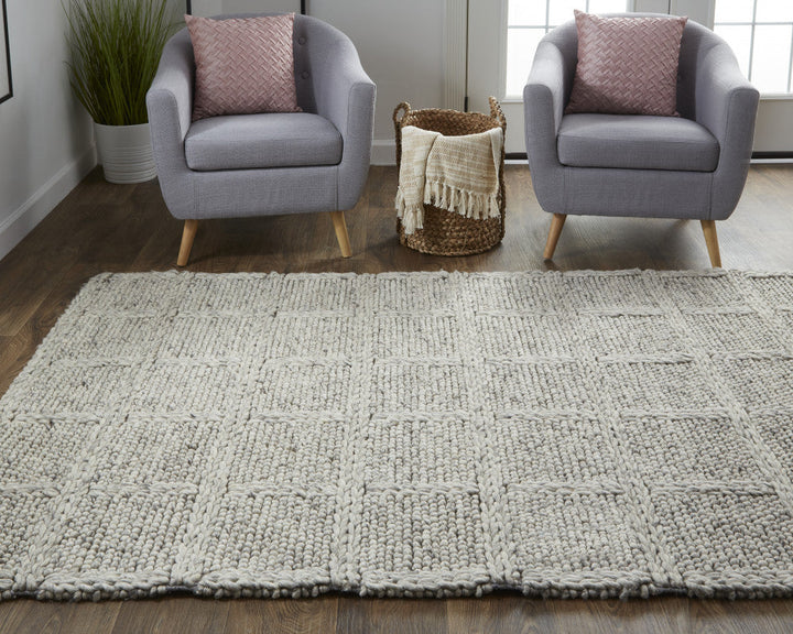 5 x 8 Gray and Ivory Wool Plaid Hand Woven Area Rug Image 7