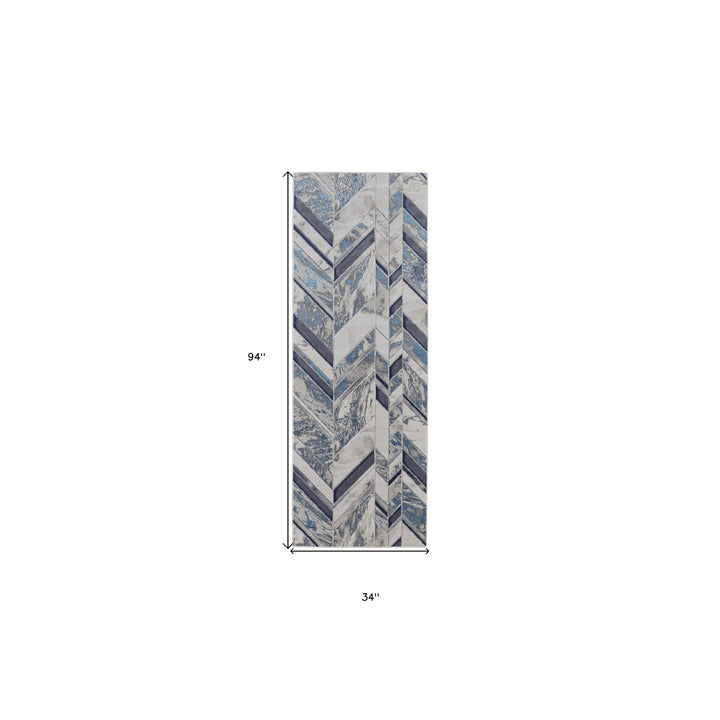 5 X 8 Ivory Blue And Gray Chevron Power Loom Distressed Area Rug Image 7