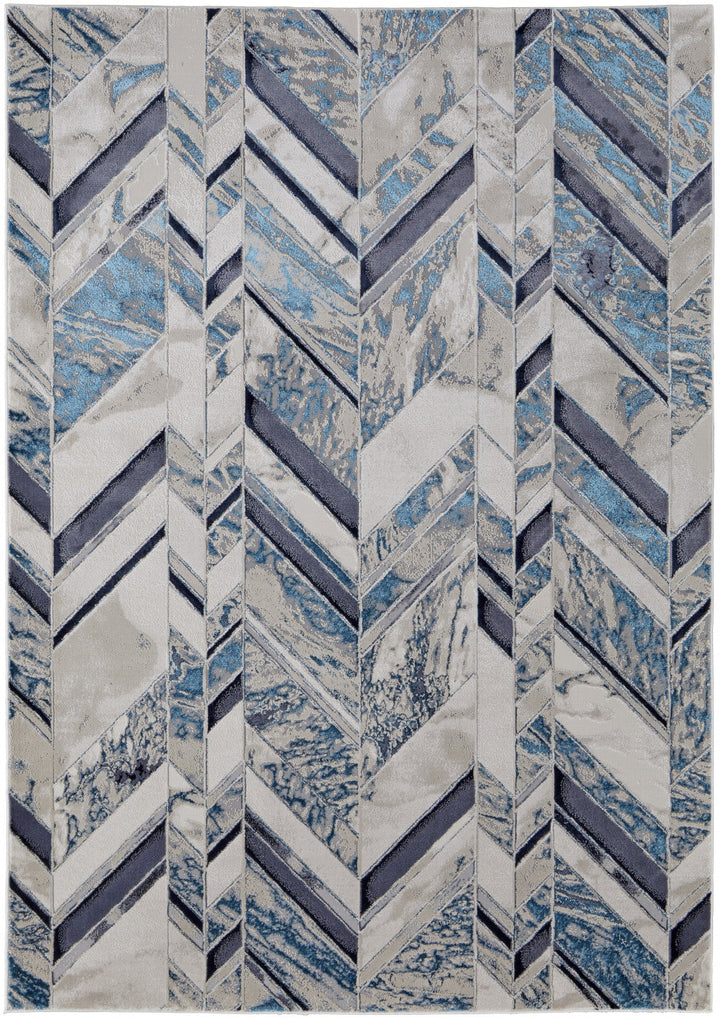 5 X 8 Ivory Blue And Gray Chevron Power Loom Distressed Area Rug Image 9