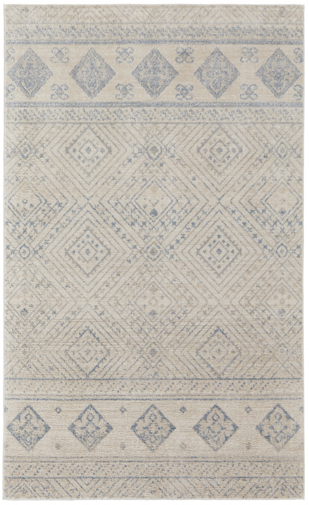 4 X 6 Ivory And Blue Geometric Power Loom Distressed Area Rug Image 1