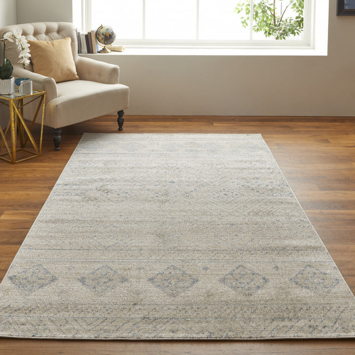 4 X 6 Ivory And Blue Geometric Power Loom Distressed Area Rug Image 7