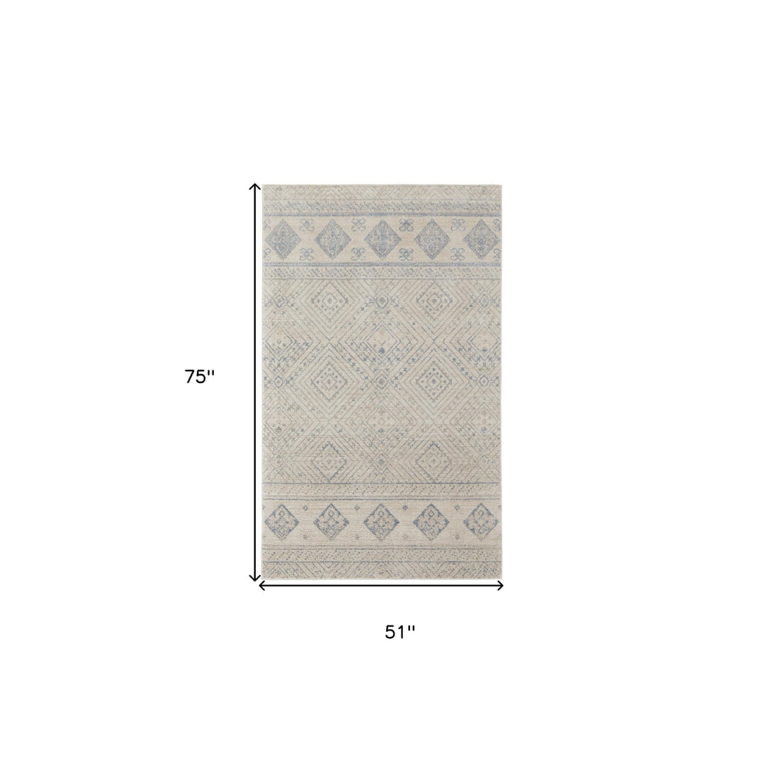 4 X 6 Ivory And Blue Geometric Power Loom Distressed Area Rug Image 10