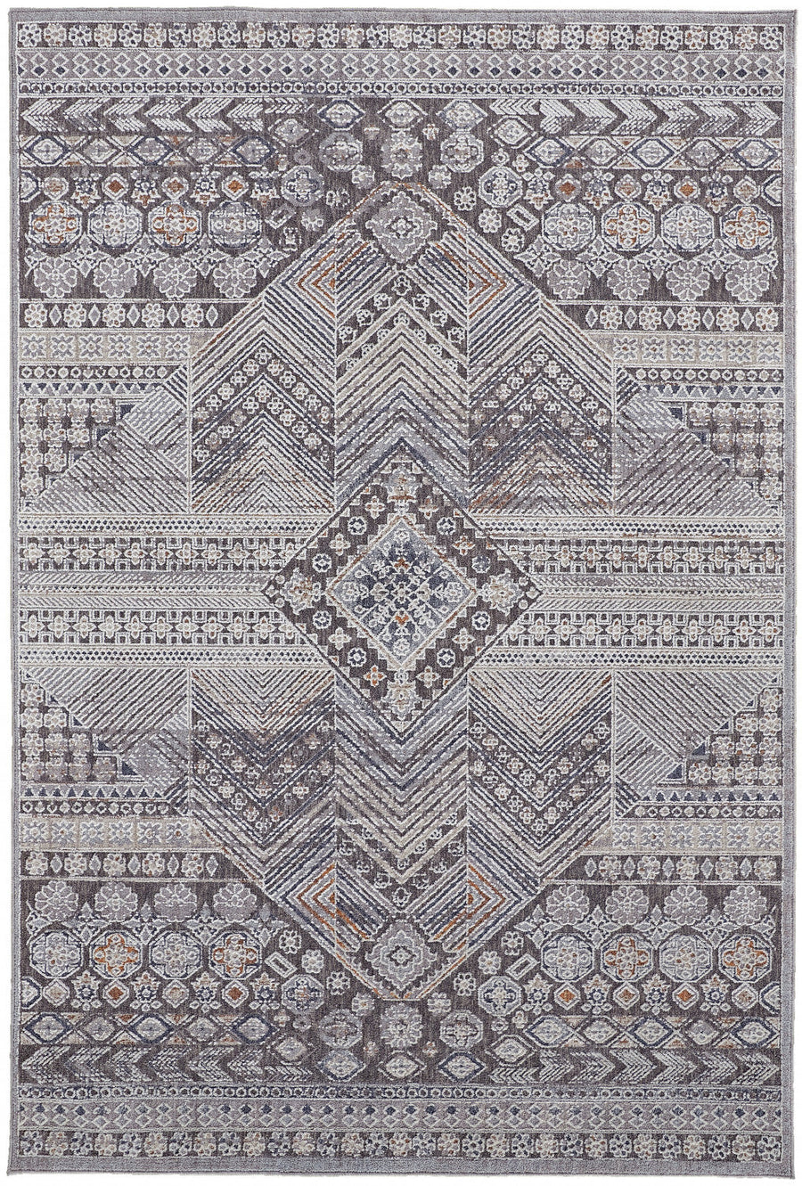 4 X 6 Ivory And Gray Geometric Power Loom Distressed Stain Resistant Area Rug Image 1