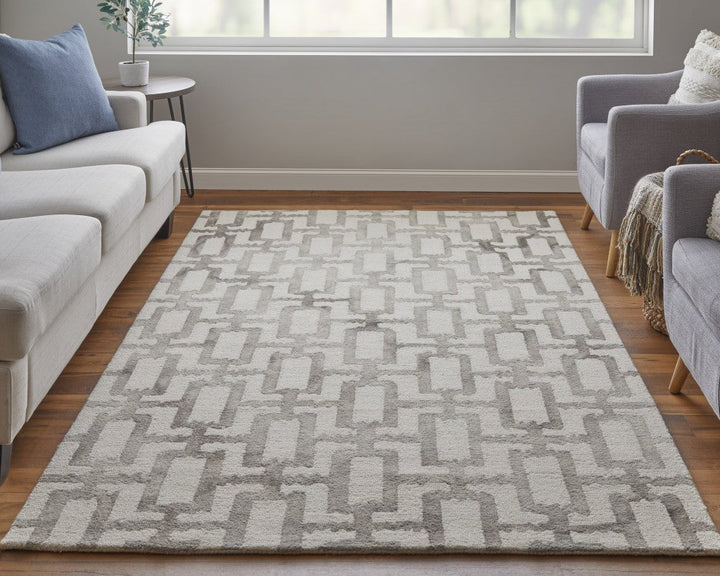 8 X 11 Ivory And Taupe Wool Geometric Tufted Handmade Area Rug Image 1