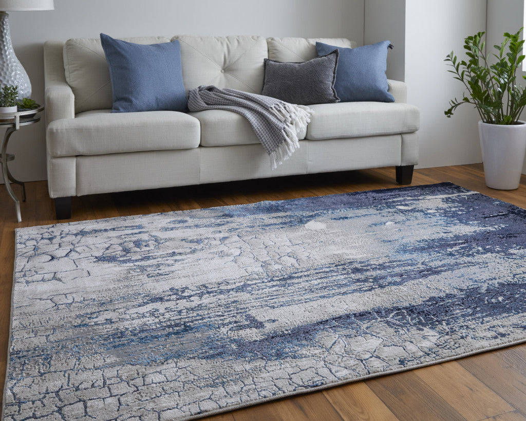 4 X 6 Ivory Blue And Black Abstract Power Loom Distressed Area Rug Image 3