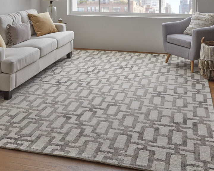 8 X 11 Ivory And Taupe Wool Geometric Tufted Handmade Area Rug Image 5