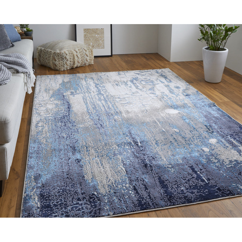 4 X 6 Ivory Blue And Black Abstract Power Loom Distressed Area Rug Image 6