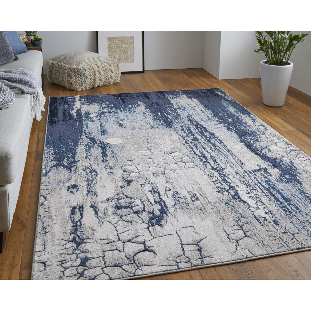 4 X 6 Ivory Blue And Black Abstract Power Loom Distressed Area Rug Image 7