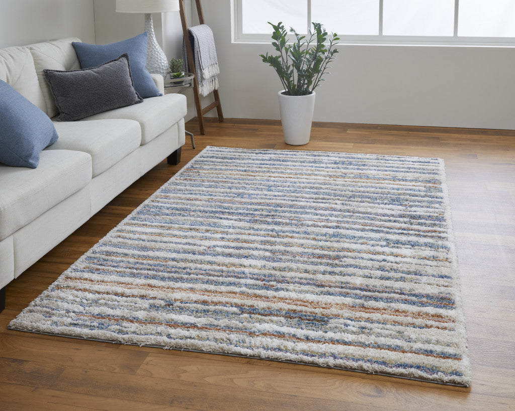 5 X 8 Ivory Blue And Orange Striped Power Loom Stain Resistant Area Rug Image 6