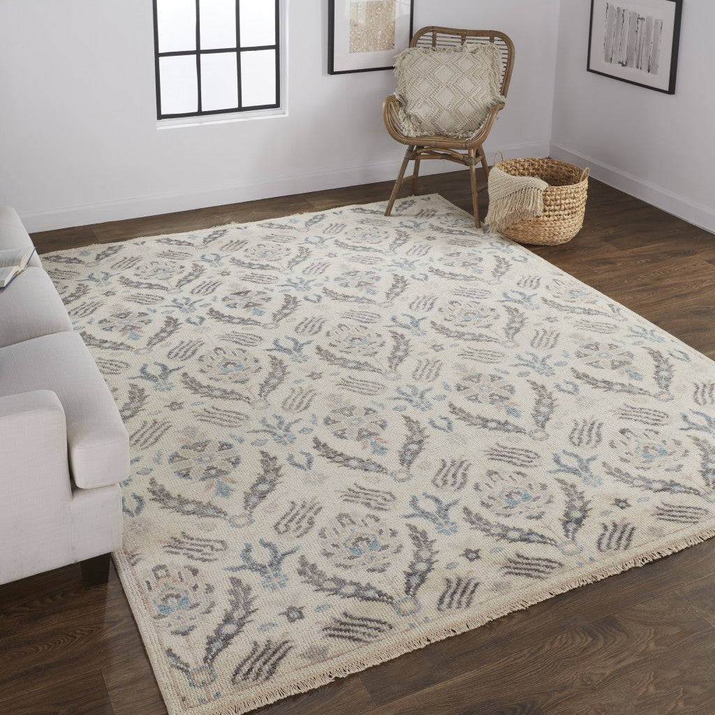 4 X 6 Ivory Gray And Blue Wool Floral Hand Knotted Stain Resistant Area Rug Image 1