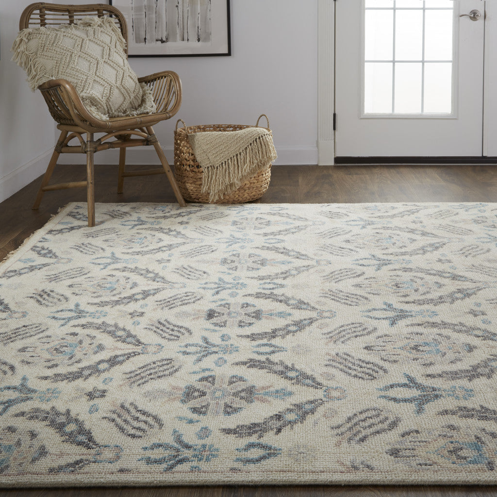 4 X 6 Ivory Gray And Blue Wool Floral Hand Knotted Stain Resistant Area Rug Image 2