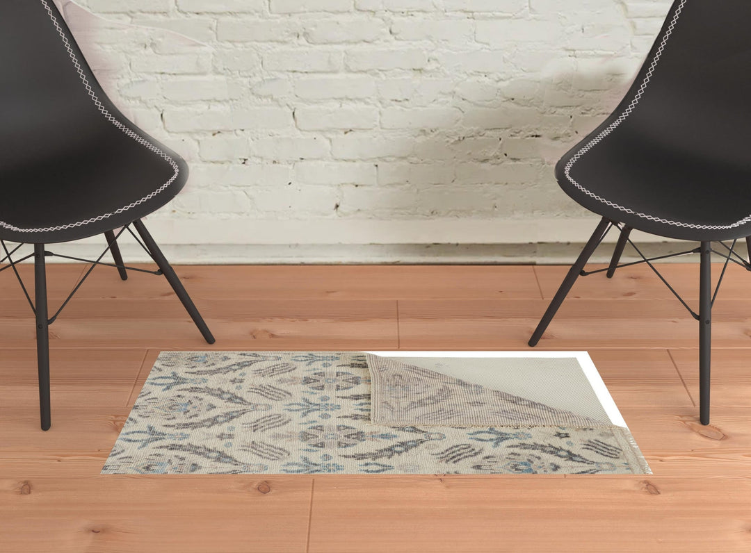 4 X 6 Ivory Gray And Blue Wool Floral Hand Knotted Stain Resistant Area Rug Image 9