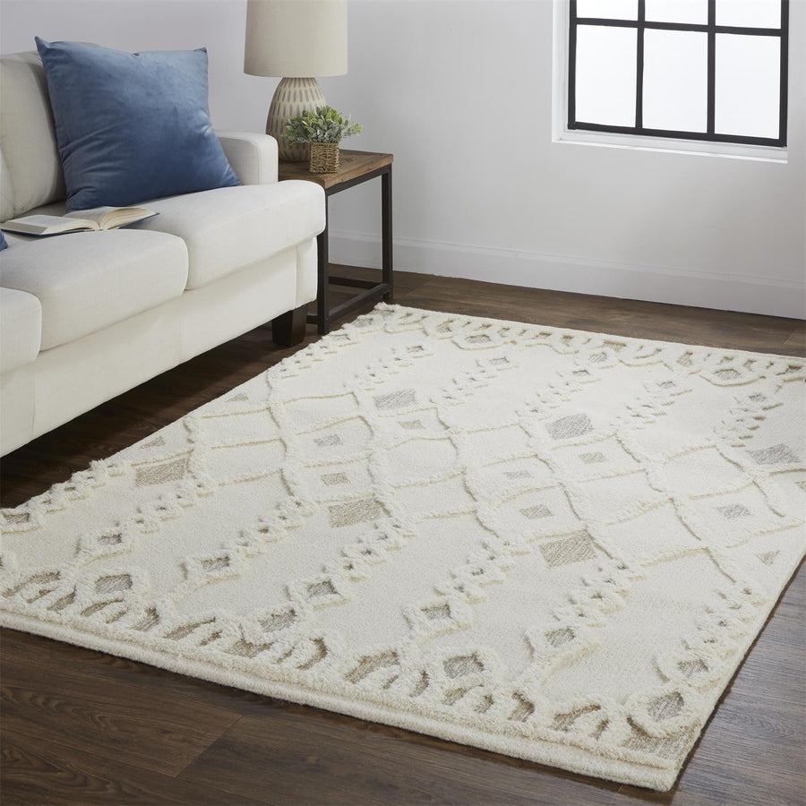 5 X 8 Ivory Tan And Silver Wool Geometric Tufted Handmade Stain Resistant Area Rug Image 1