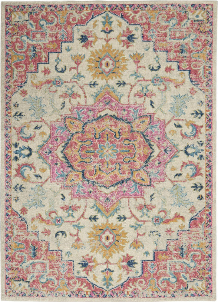 5 Pink And Ivory Round Southwestern Dhurrie Area Rug Image 1