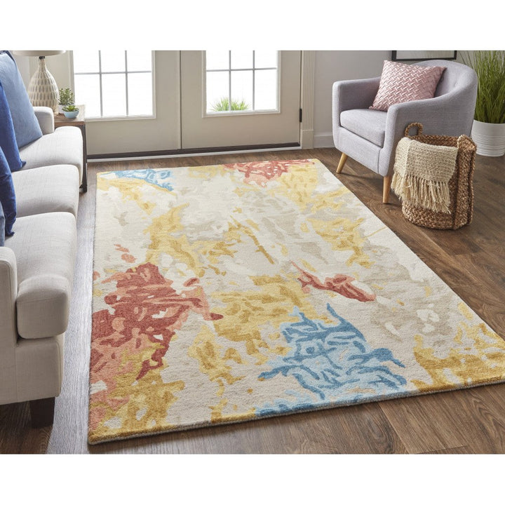 8 X 10 Ivory Yellow And Blue Wool Abstract Tufted Handmade Stain Resistant Area Rug Image 12