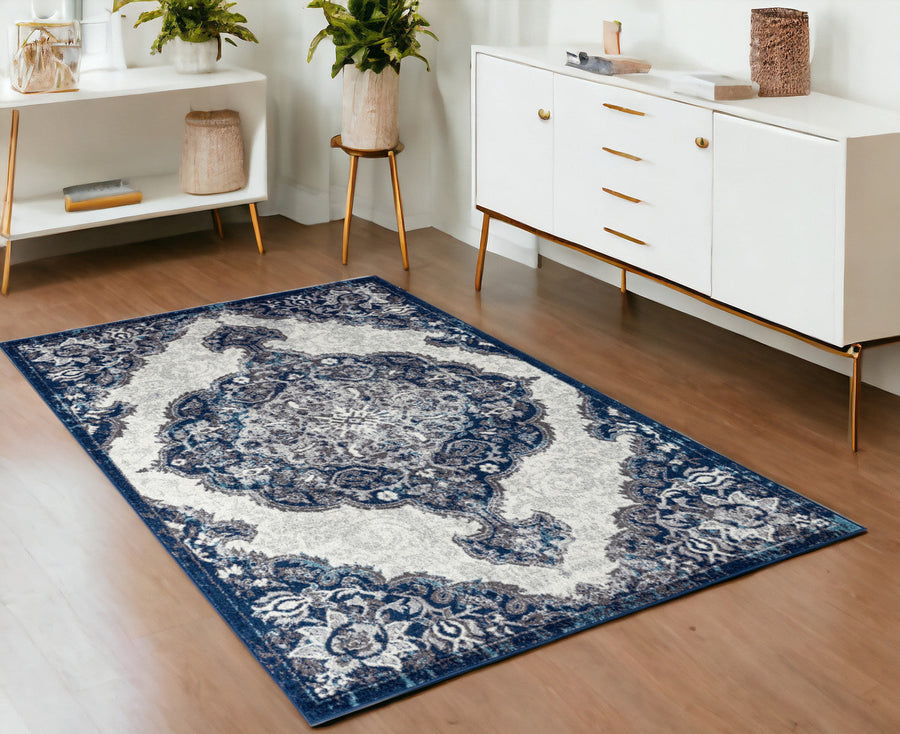 8 x 10 Blue and Gray Medallion Power Loom Area Rug Image 1