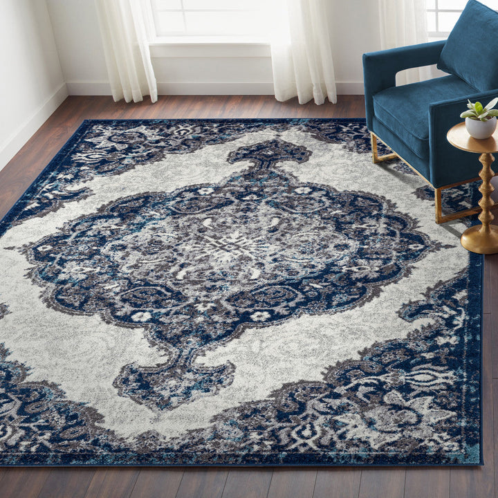 8 x 10 Blue and Gray Medallion Power Loom Area Rug Image 12