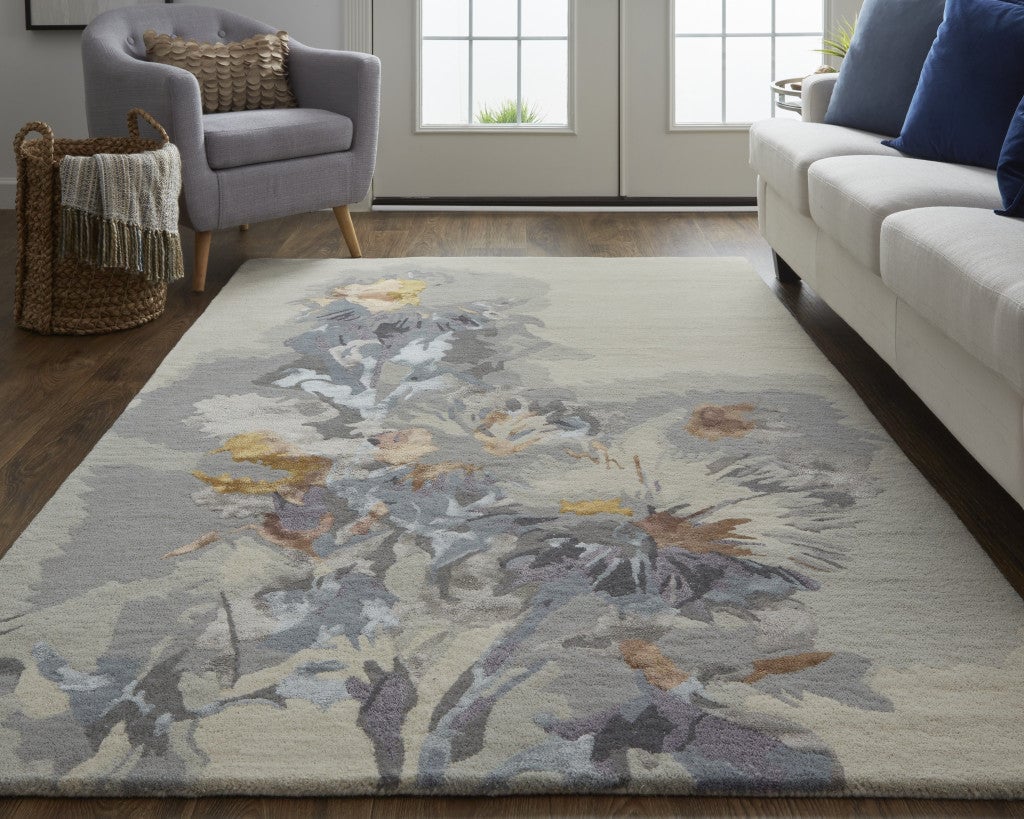 10 x 14 Blue and Gray Wool Floral Hand Tufted Area Rug Image 11