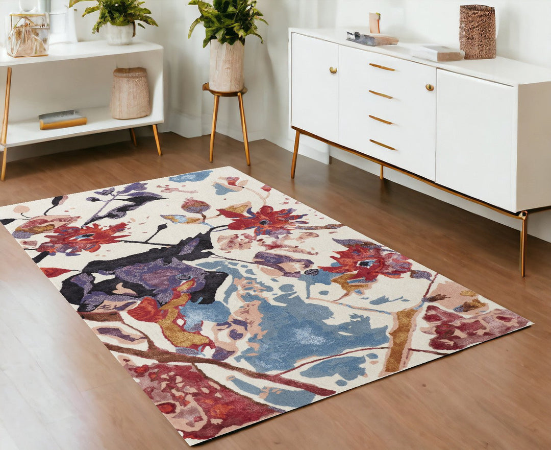 4 x 6 Blue and Red Floral Hand Tufted Area Rug Image 1