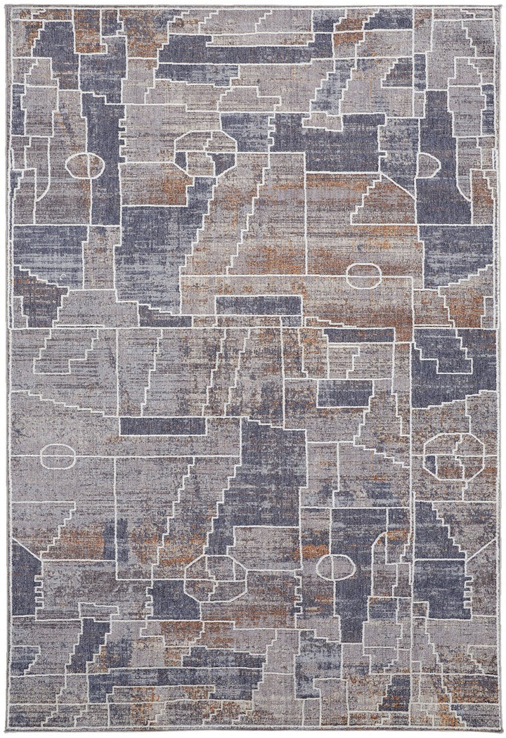 4 X 6 Blue Gray And Orange Geometric Power Loom Stain Resistant Area Rug Image 1