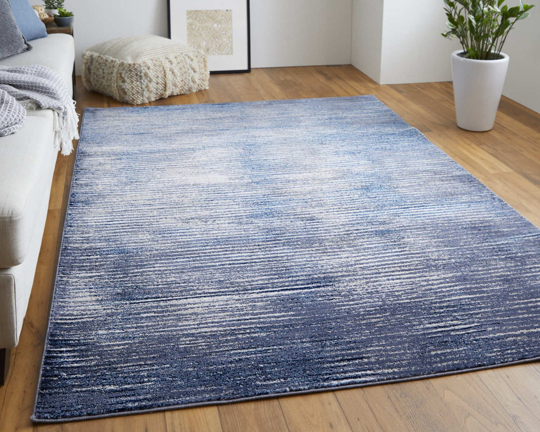 8 X 10 Blue Gray And Ivory Striped Power Loom Distressed Area Rug Image 1