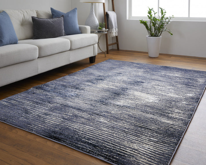 8 X 10 Blue Gray And Ivory Striped Power Loom Distressed Area Rug Image 8