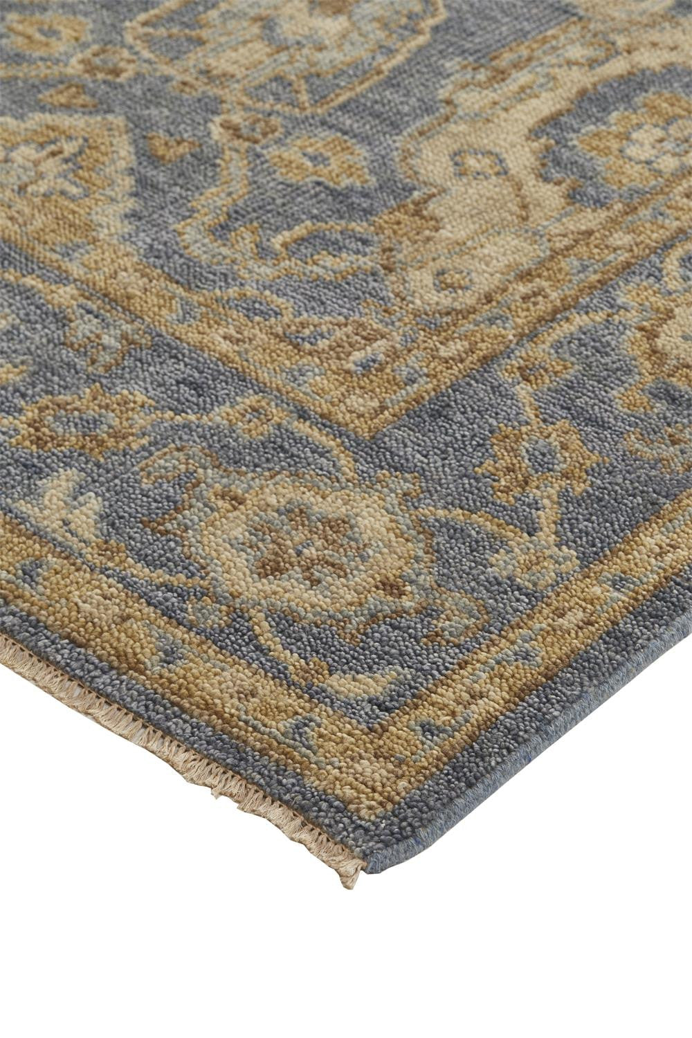 12 X 15 Blue Gold And Tan Wool Floral Hand Knotted Stain Resistant Area Rug With Fringe Image 7