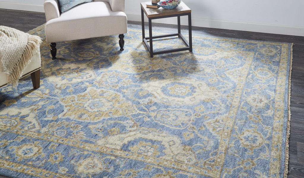 12 X 15 Blue Gold And Tan Wool Floral Hand Knotted Stain Resistant Area Rug With Fringe Image 8