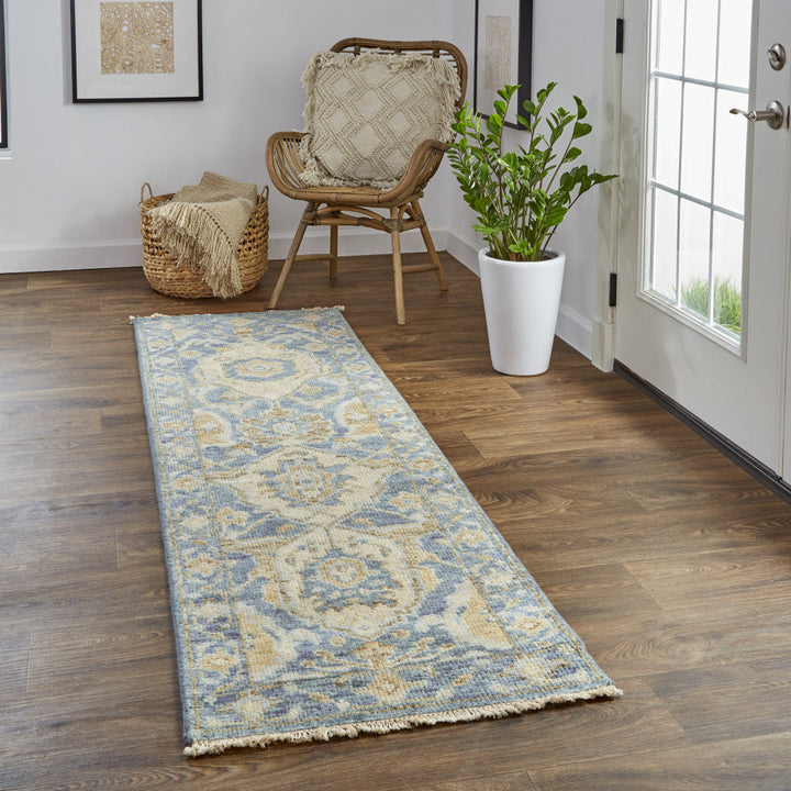 12 X 15 Blue Gold And Tan Wool Floral Hand Knotted Stain Resistant Area Rug With Fringe Image 10