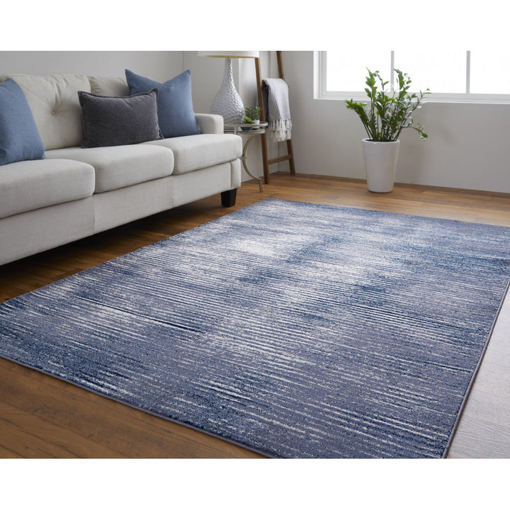 8 X 10 Blue Gray And Ivory Striped Power Loom Distressed Area Rug Image 10