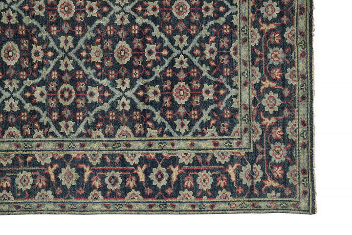 4 X 6 Blue Green And Red Wool Floral Hand Knotted Distressed Stain Resistant Area Rug With Fringe Image 1