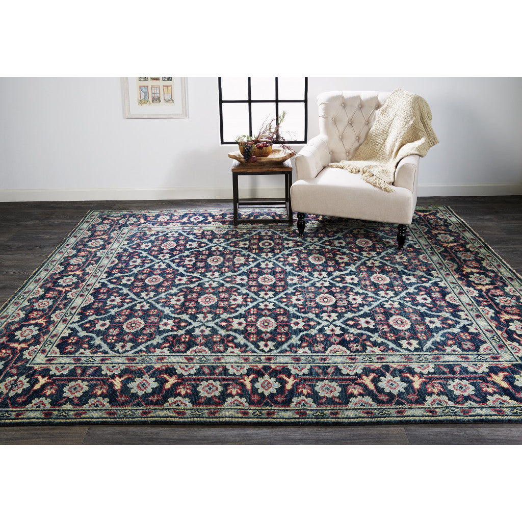 4 X 6 Blue Green And Red Wool Floral Hand Knotted Distressed Stain Resistant Area Rug With Fringe Image 12