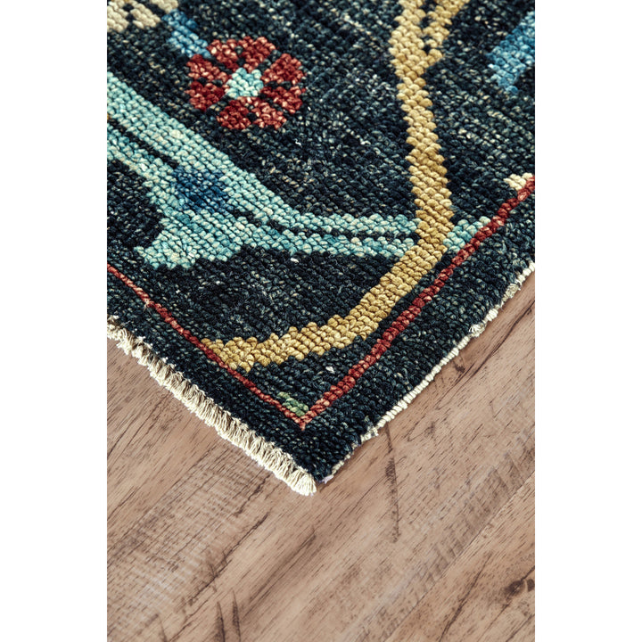 4 X 6 Blue Yellow And Red Wool Floral Hand Knotted Distressed Stain Resistant Area Rug With Fringe Image 4