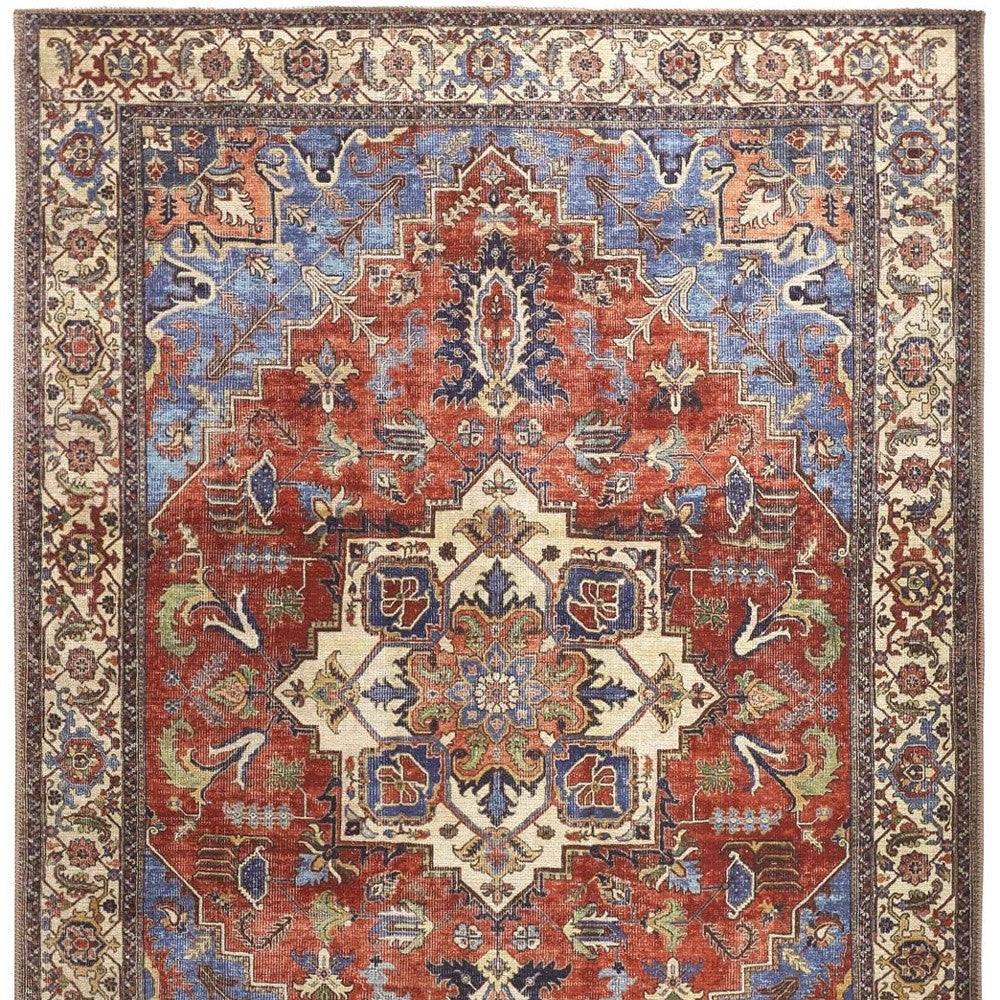 5 X 8 Blue Red And Ivory Floral Area Rug Image 6