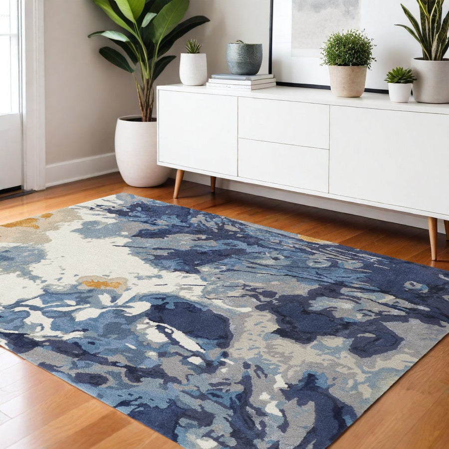 8 x 10 Blue Wool Floral Hand Tufted Area Rug Image 1