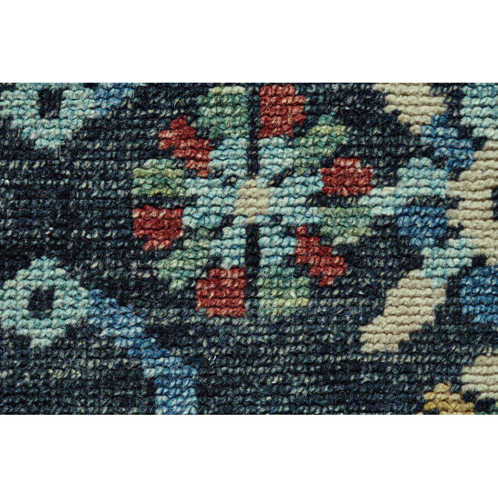 4 X 6 Blue Yellow And Red Wool Floral Hand Knotted Distressed Stain Resistant Area Rug With Fringe Image 6