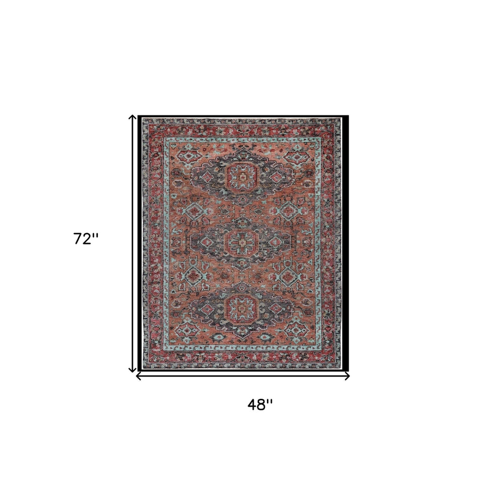 4 X 6 Red Orange And Blue Wool Floral Hand Knotted Distressed Stain Resistant Area Rug With Fringe Image 2