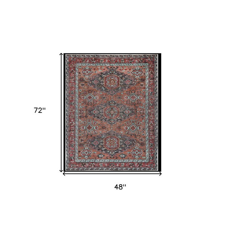 4 X 6 Red Orange And Blue Wool Floral Hand Knotted Distressed Stain Resistant Area Rug With Fringe Image 2