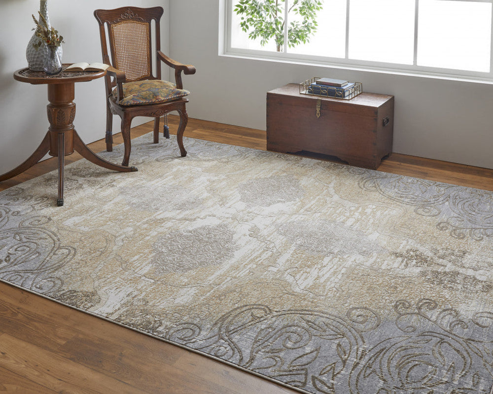 4 X 6 Silver Tan And Gray Floral Power Loom Area Rug Image 2