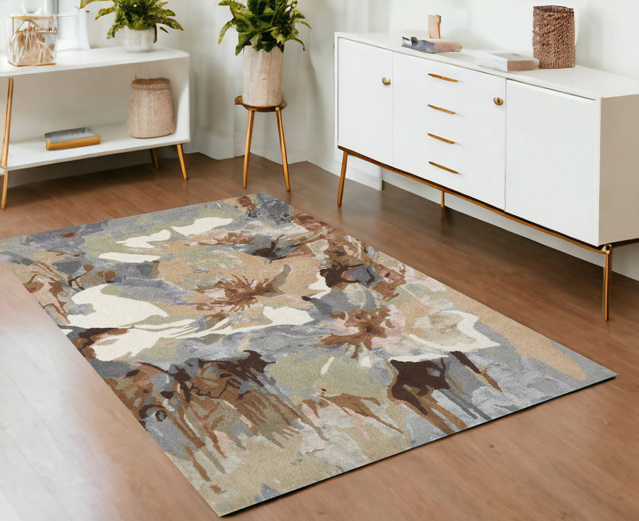 4 x 6 Tan and Gray Wool Floral Hand Tufted Area Rug Image 1