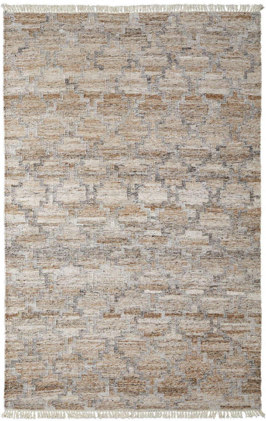 5 X 8 Tan Gray And Ivory Geometric Hand Woven Stain Resistant Area Rug With Fringe Image 1