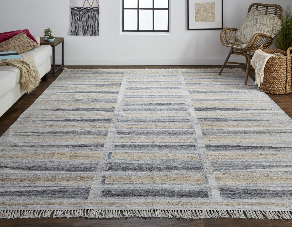 8 X 10 Tan Gray And Taupe Geometric Hand Woven Stain Resistant Area Rug With Fringe Image 3