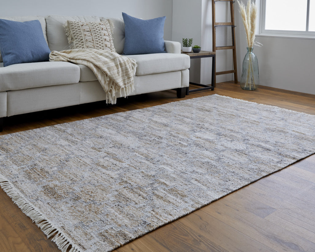 5 X 8 Tan Gray And Ivory Geometric Hand Woven Stain Resistant Area Rug With Fringe Image 5