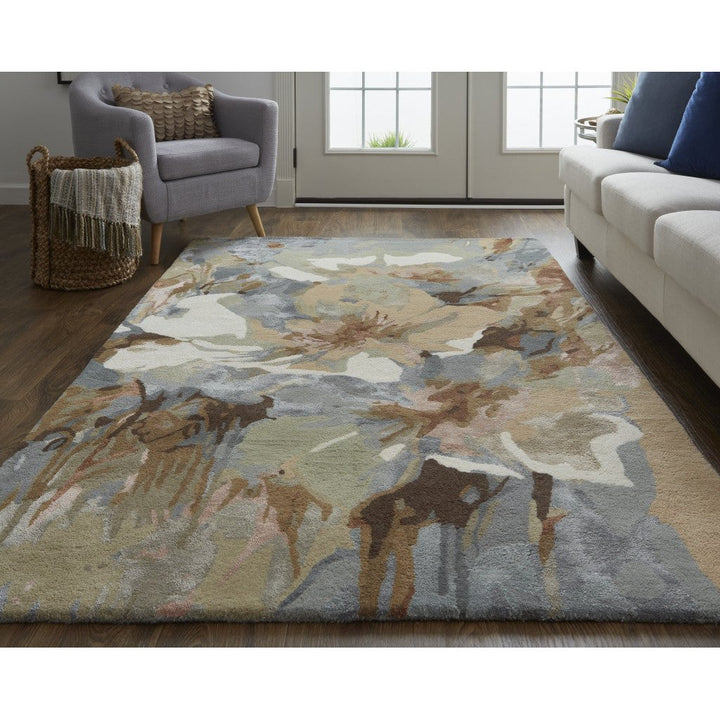 4 x 6 Tan and Gray Wool Floral Hand Tufted Area Rug Image 12